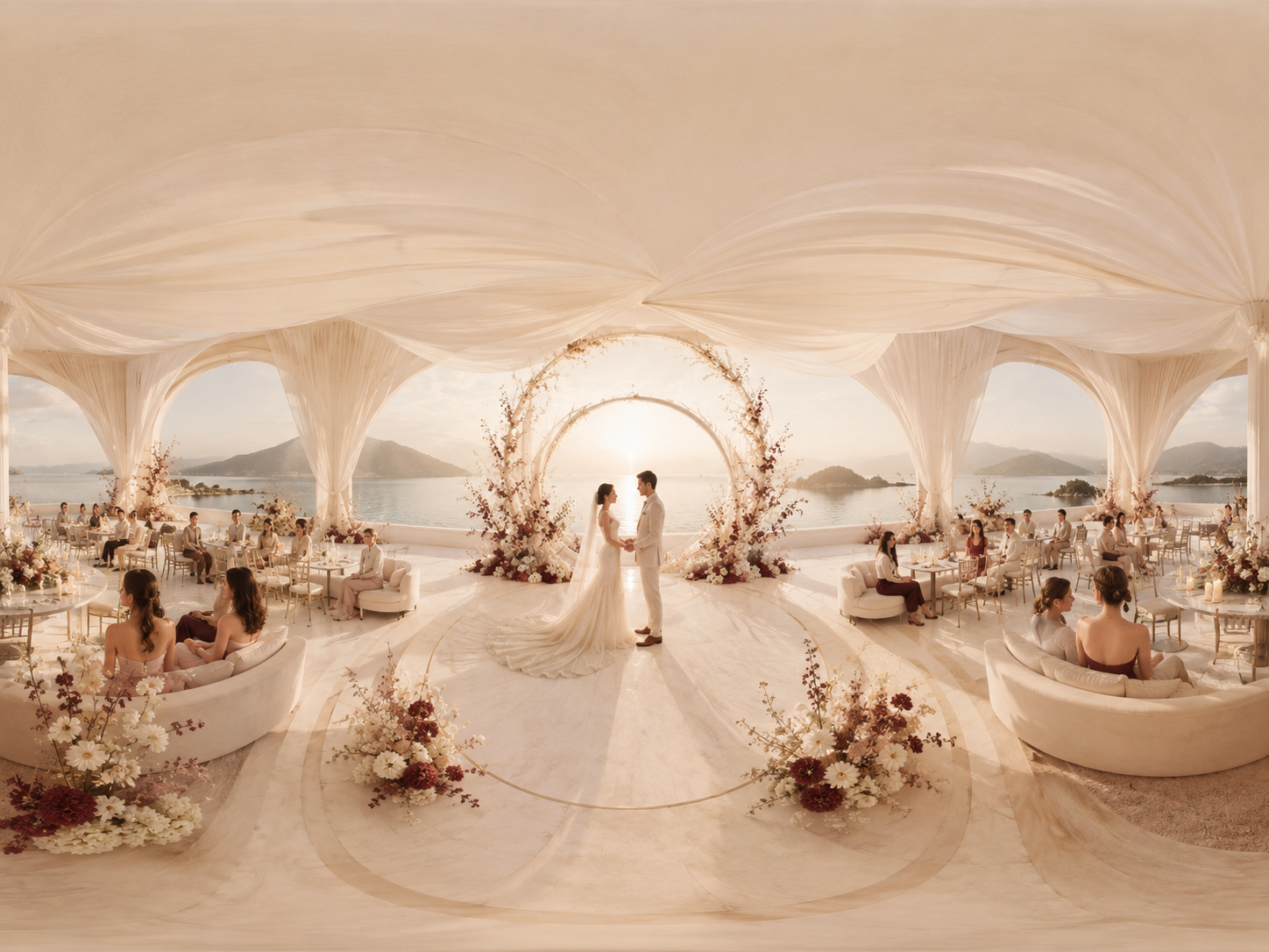 A wedding celebration seen all around from the centre of the room